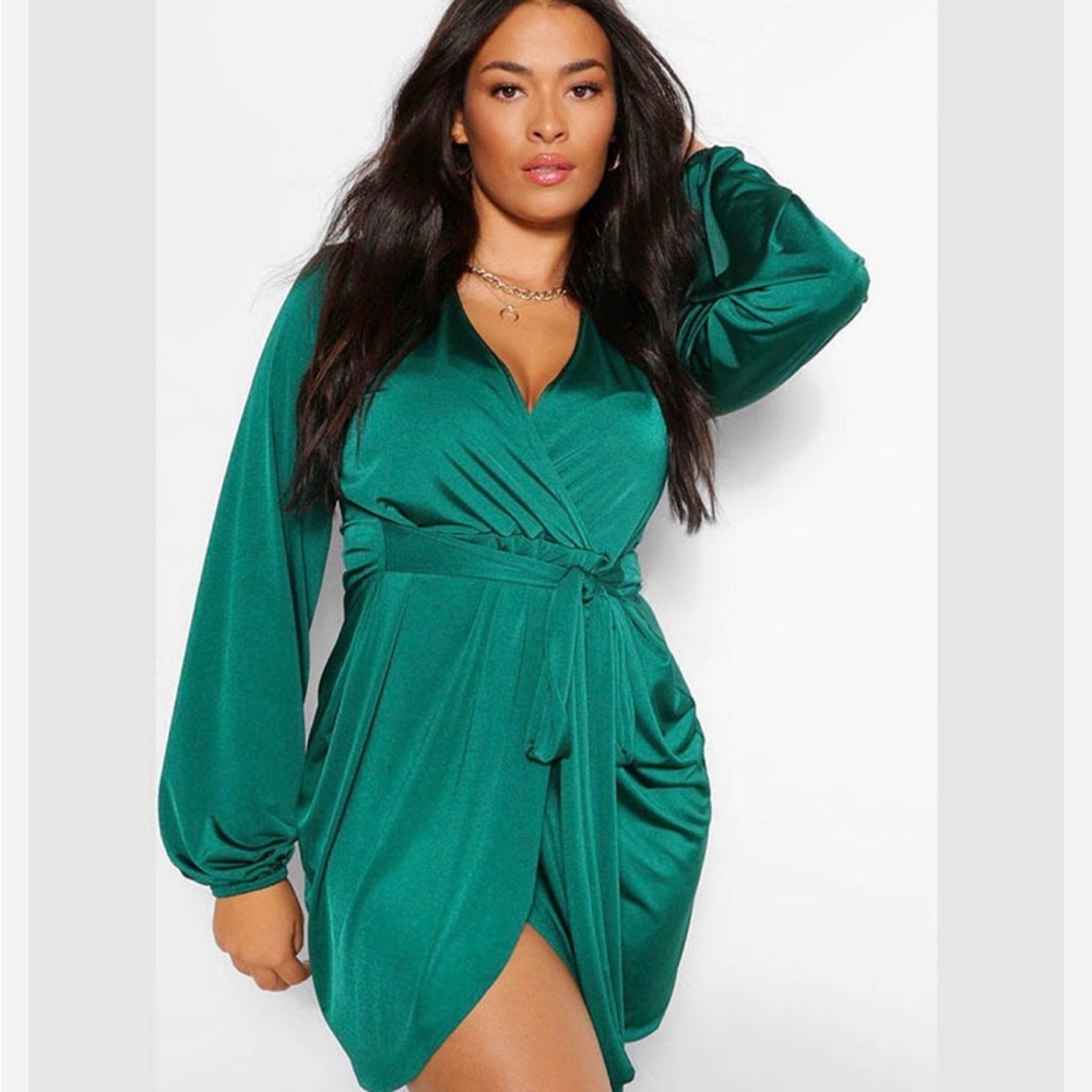 Boohoo Emerald Green Wrap Dress with Satin Finish